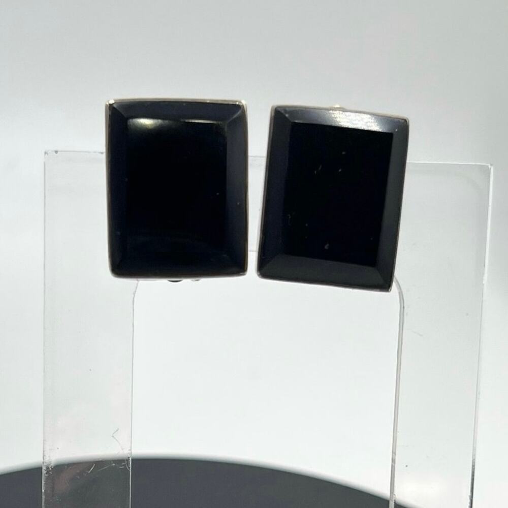 Rectangle Black Glass and 925 Mexico Sterling Silver Clip on Earrings‎